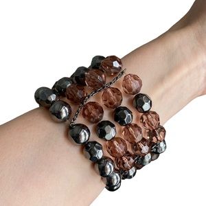 Four Row Beaded Stretch Statement Bracelet, Pewter/Brown Beads
